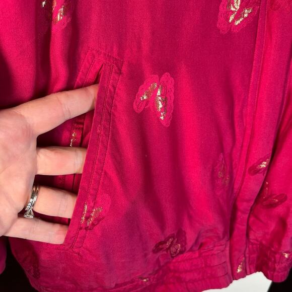 Abvien Vintage SILK Prink Gold Butterfly Bomber Jacket Barbie Zip Up Collared L - Picture 7 of 12